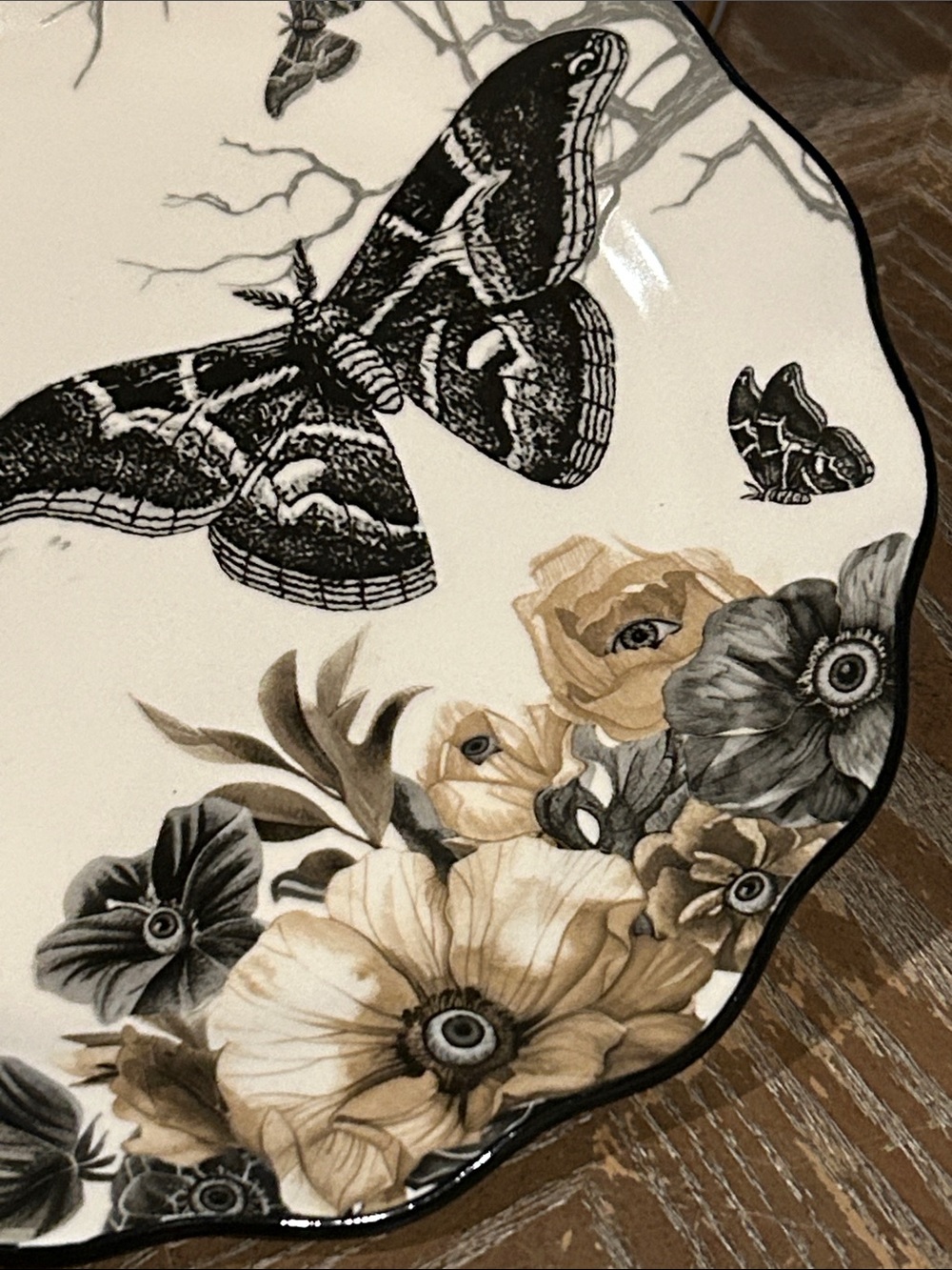 NEW! Gothic Black Butterfly Moth & Floral Toile Floral Ceramic Serving Plate - Picture 2 of 7